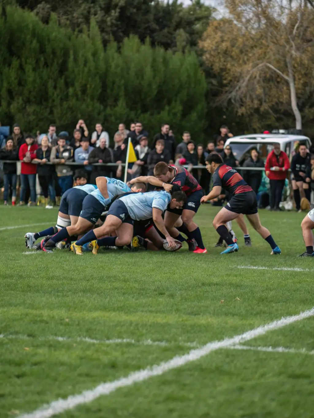 An image of a regional rugby tournament, highlighting the competitive spirit and camaraderie among participating teams, with spectators cheering from the sidelines, showcasing the league's role in organizing and promoting regional competitions.