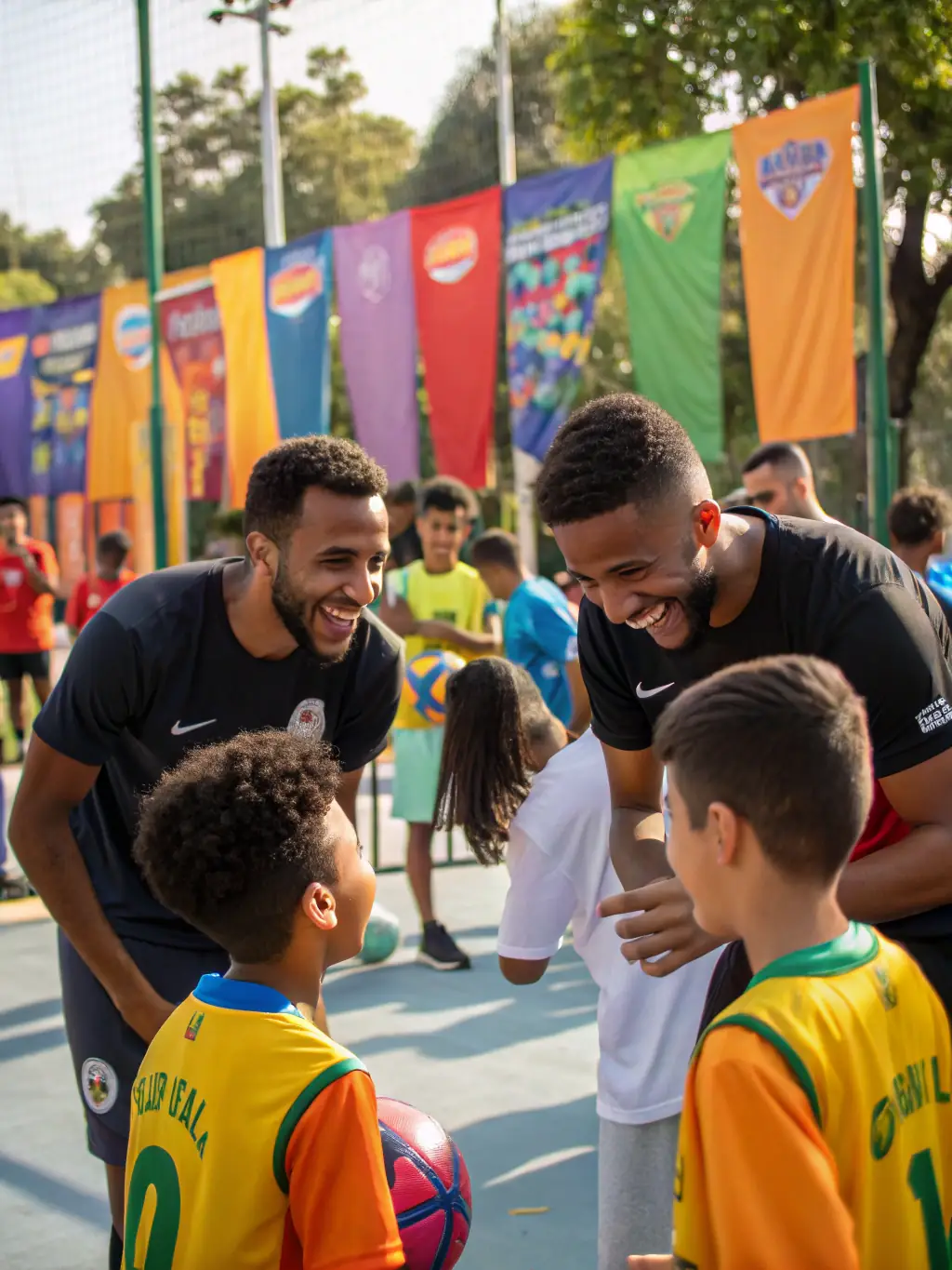 A photo of a community outreach event, where rugby players and coaches are interacting with local children, introducing them to the sport and promoting its values, emphasizing the league's commitment to community engagement and social responsibility.