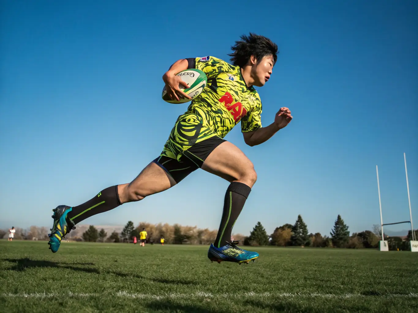 A dynamic image of young rugby players participating in a training session, showcasing teamwork and skill development.