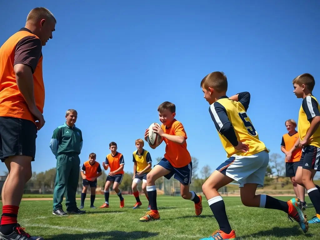 An image of young players participating in a rugby training session on a lush field, with coaches providing guidance and encouragement.