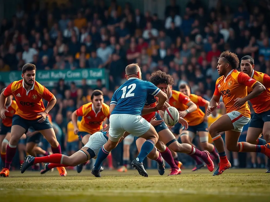 A dynamic shot of a regional rugby team in action during a competitive match, showcasing their skill and teamwork.