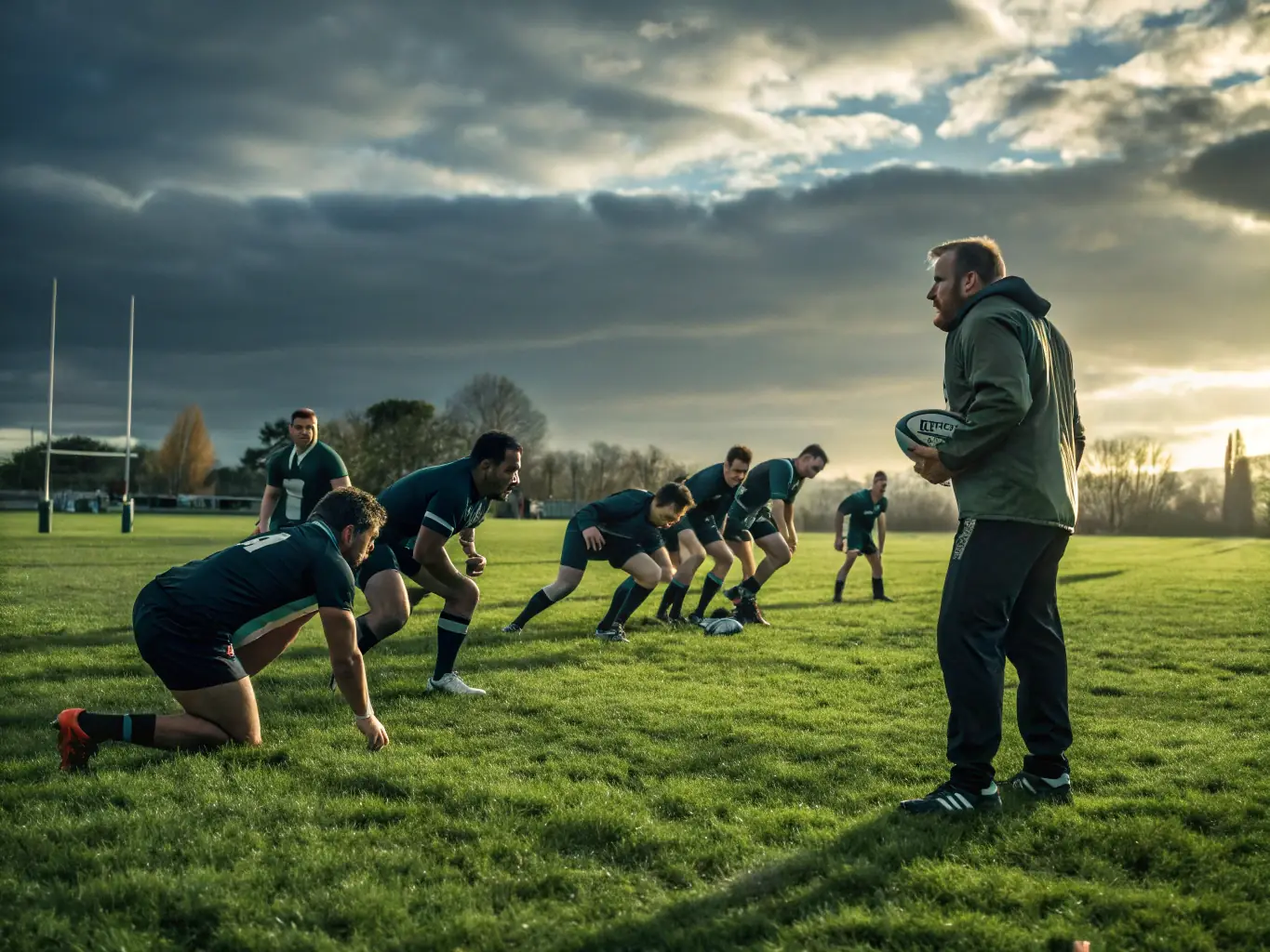 An image of coaches leading a training session for adult rugby players, highlighting the importance of continuous improvement and skill enhancement.