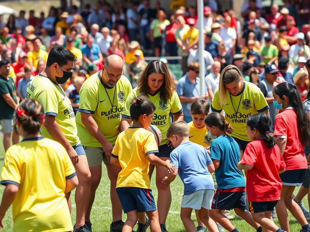 A photo of a community event organized by the rugby league, showing people of all ages enjoying the sport and fostering a sense of community.