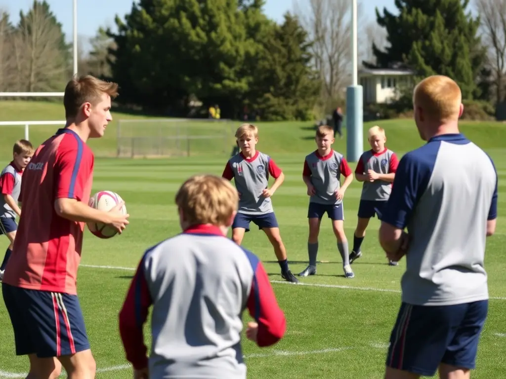 A dynamic image showcasing young rugby players participating in a training session, emphasizing teamwork and skill development.