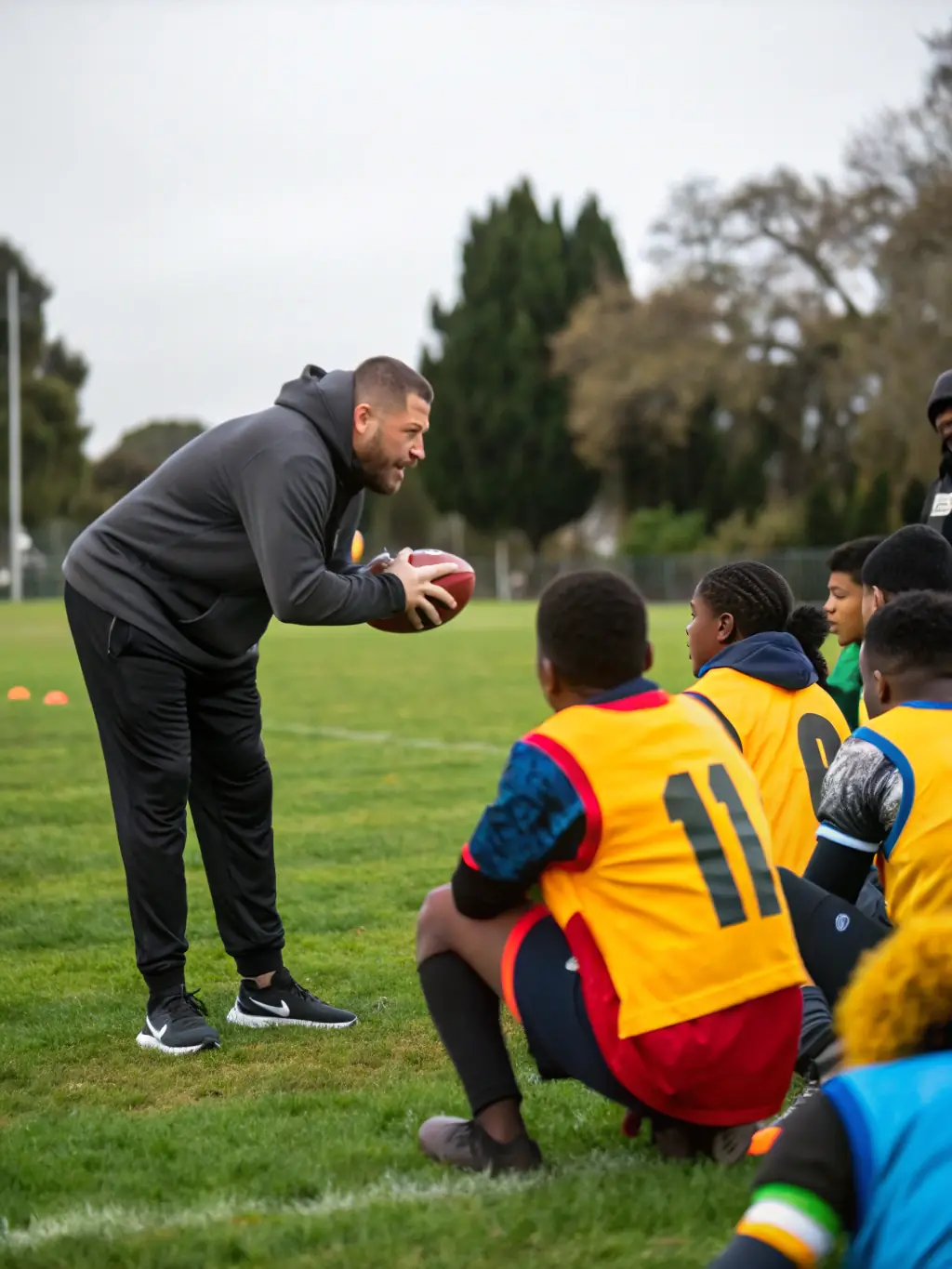 A photograph capturing a coaching clinic in progress, with coaches demonstrating techniques and strategies to a group of attentive club representatives, emphasizing the league's commitment to coach education and development.
