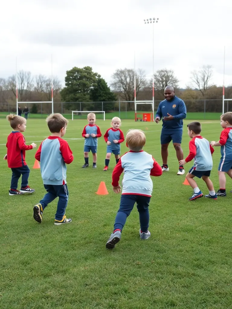 A dynamic action shot of young rugby players participating in a training session, showcasing their enthusiasm and skill development under the guidance of experienced coaches, set against a backdrop of a well-maintained rugby field.