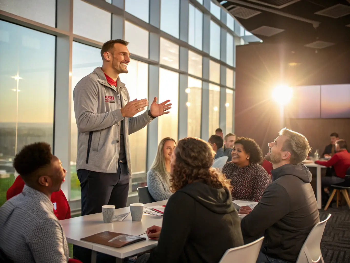 A group of coaches attending a coaching clinic, learning new techniques and strategies to improve their coaching skills.